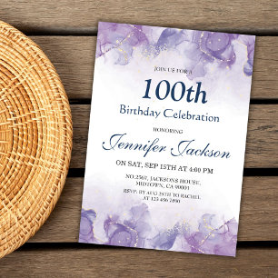 Elegant modern purple & gold floral 100th birthday invitation