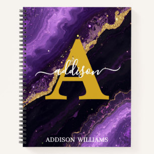 Elegant Modern Purple Gold Glitter Agate Monogram Notebook