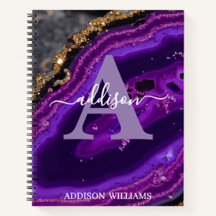 Elegant Modern Purple Gold Glitter Agate Monogram Notebook