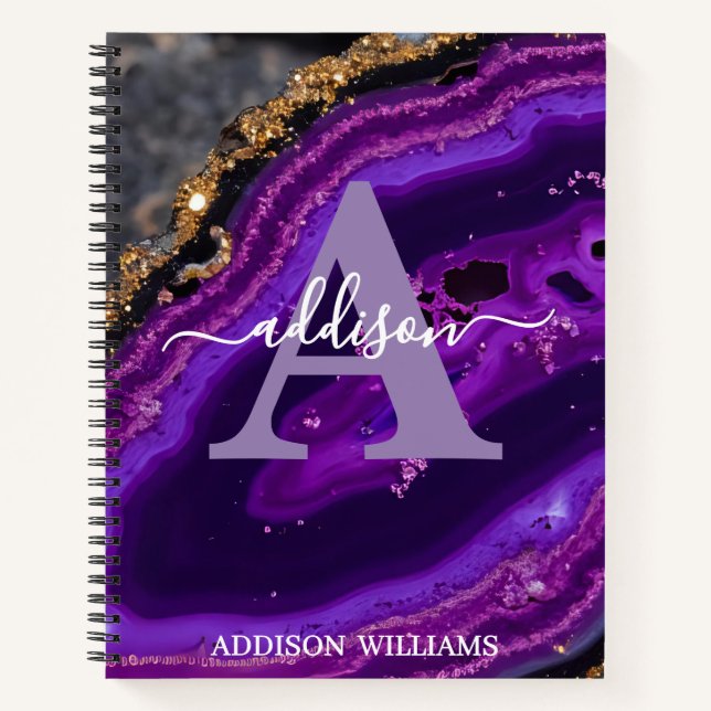 Elegant Modern Purple Gold Glitter Agate Monogram Notebook (Front)