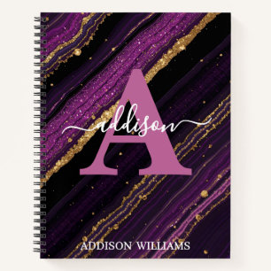 Elegant Modern Purple Gold Glitter Agate Monogram Notebook