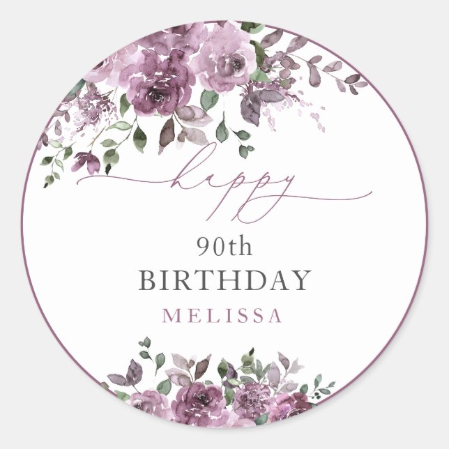 Elegant Modern Purple Roses Any Age Birthday  Classic Round Sticker (Front)