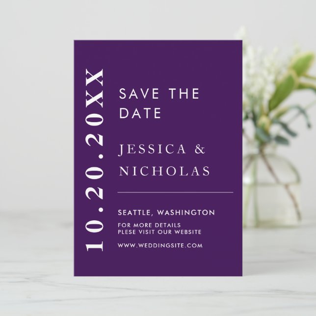 Elegant Modern Purple Simple Wedding Photo Save The Date (Standing Front)