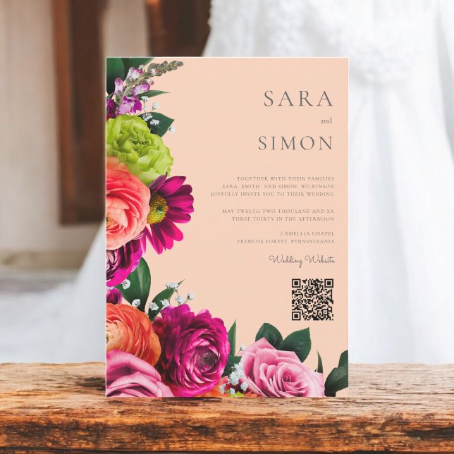 elegant  modern QR code floral peach wedding Invitation (modern wedding invitation with vibrant florals on a peach background)