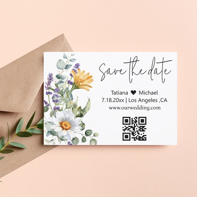elegant modern qr code watercolor wildflowers  save the date (Creator Uploaded)