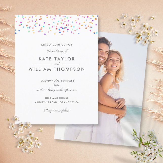 Elegant Modern Rainbow Confetti Photo Wedding Invitation Postcard (Creator Uploaded)