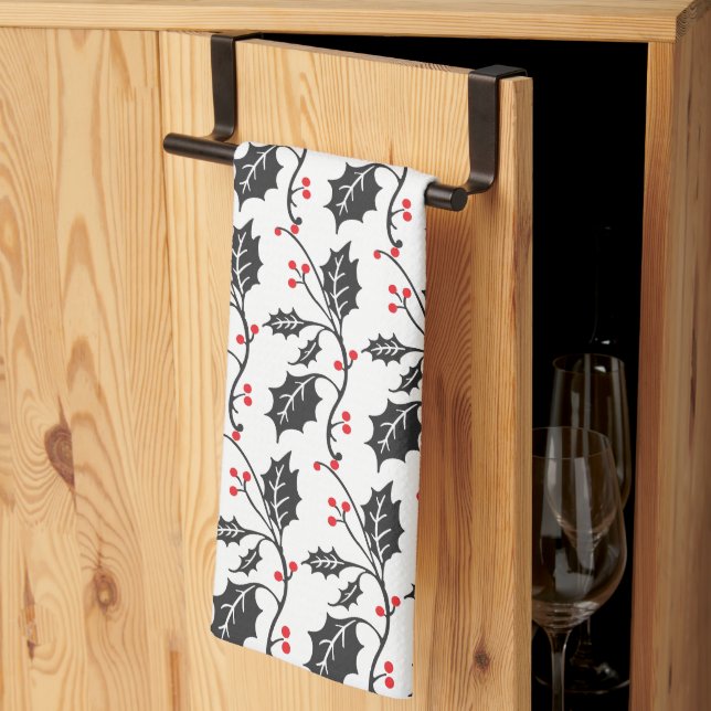 Elegant Modern Red and Black Holly Pattern Kitchen Towel (Thirds Fold)