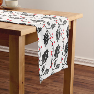 Elegant Modern Red and Black Holly Pattern Short Table Runner