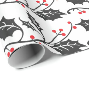 Elegant Modern Red and Black Holly Pattern Wrapping Paper