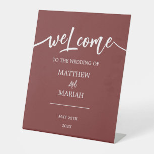 Elegant Modern Red Calligraphy Wedding Welcome Pedestal Sign