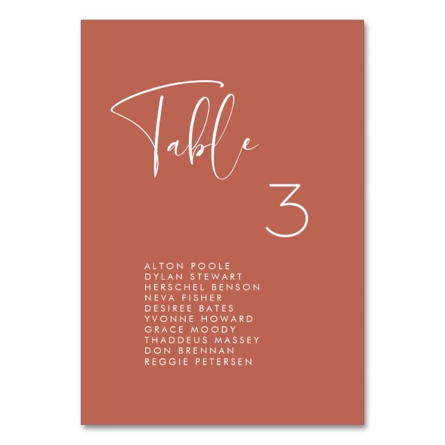 Elegant & modern Red clay seating chart cards (Front)