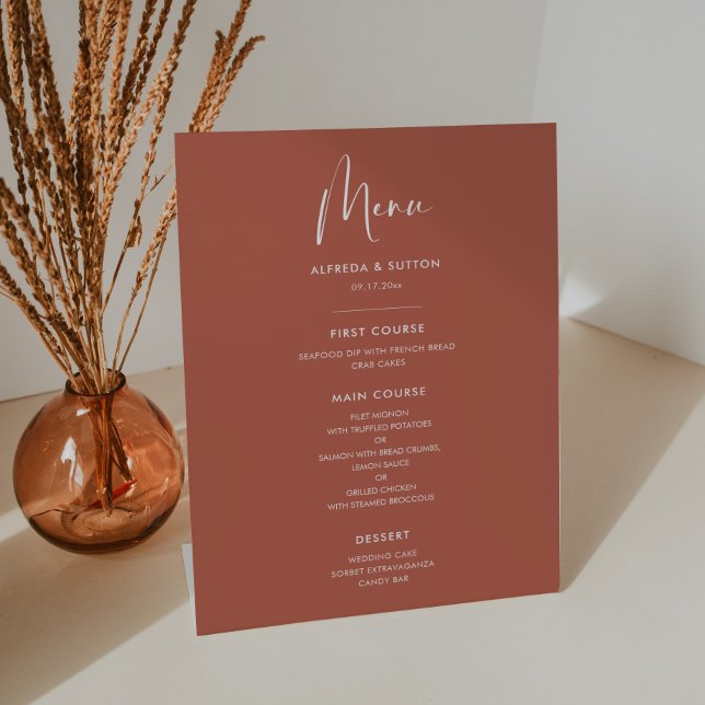 Elegant & modern Red clay wedding menu Pedestal Sign (Creator Uploaded)
