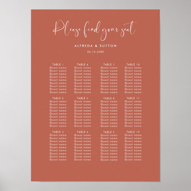 Elegant & modern Red clay wedding seating chart (Front)