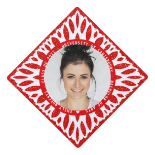 Elegant Modern Red Glitter Floral Photo Graduation Cap Topper