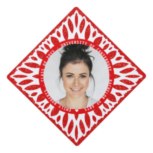 Elegant Modern Red Glitter Floral Photo Graduation Graduation Cap Topper