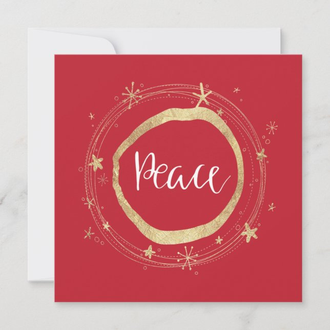 Elegant Modern Red Peace Gold Star Holiday Card (Front)