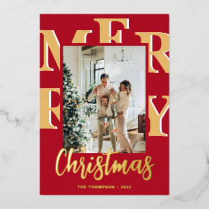 Elegant Modern Red Photo Merry Christmas Script Foil Holiday Card