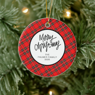 Elegant Modern Red Plaid Christmas Family Photo Ceramic Ornament