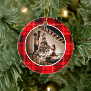 Elegant Modern Red Plaid Christmas Family Photo Ceramic Ornament
