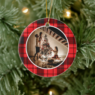 Elegant Modern Red Plaid Christmas Family Photo Ceramic Ornament