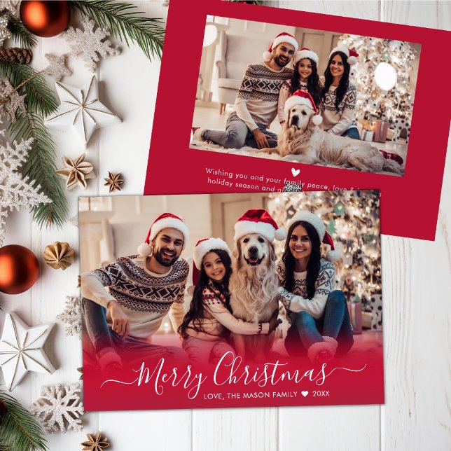 Elegant Modern Red Script 2 Photo Christmas Holiday Card (Creator Uploaded)
