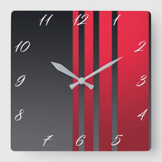 Elegant, modern red stripes on dark grey square square wall clock (Front)