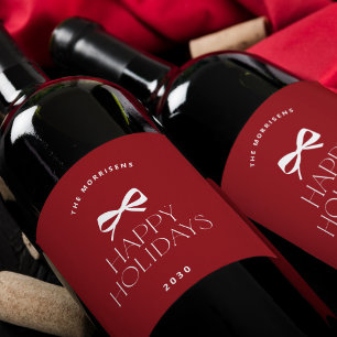 Elegant modern red white bow Christmas holiday Wine Label