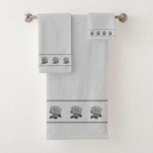 Elegant, Modern Rose Flowers on Light Silver Gray Bath Towel Set