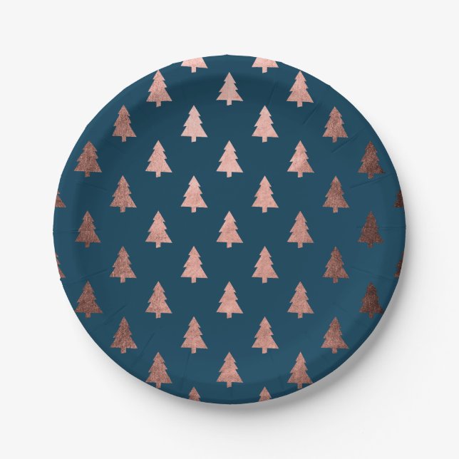 Elegant modern rose gold Christmas tree pattern Paper Plate (Front)