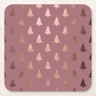Elegant modern rose gold Christmas tree pattern Square Paper Coaster