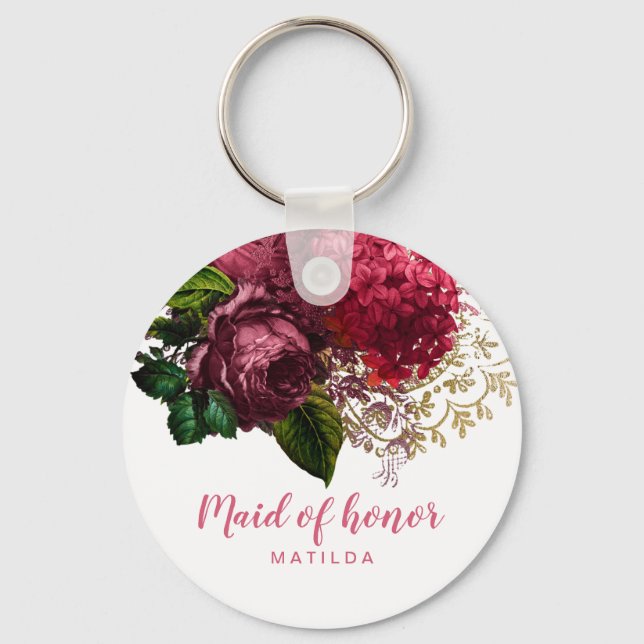 Elegant modern rose gold floral maid of honour keychain (Front)