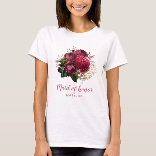 Elegant modern rose gold floral maid of honour T-Shirt (Front)