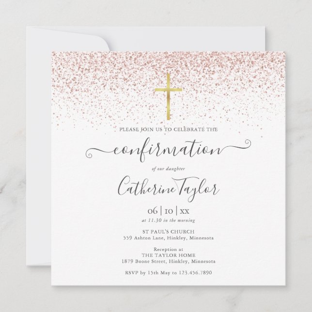 Elegant Modern Rose Gold Glitter Confirmation Invitation (Front)