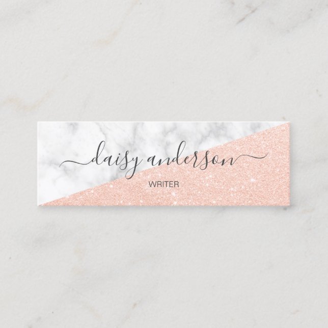 Elegant modern rose gold glitter & marble writer mini business card (Front)
