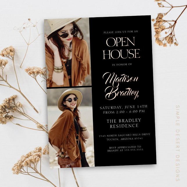 Elegant Modern Rose Gold Graduation Invitation (Elegant Boho Black and Rose Gold Graduation Invitation Announcement)