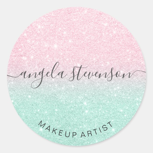 Elegant modern rose gold & mint glitter makeup classic round sticker (Front)