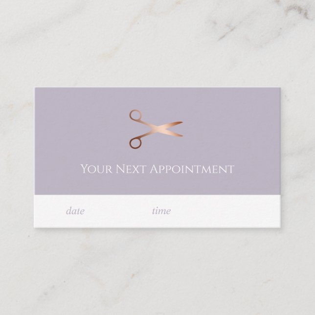 Elegant modern rose gold scissors hairstylist appointment card (Front)