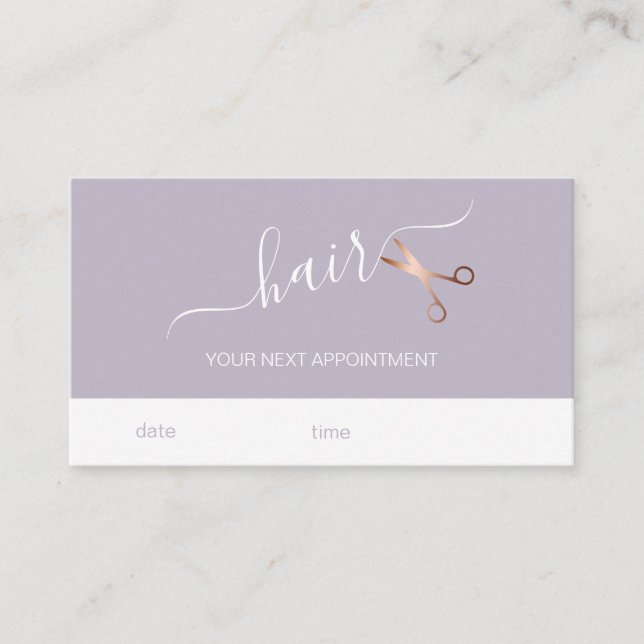 Elegant modern rose gold scissors hairstylist appointment card (Front)