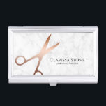 Elegant modern rose gold scissors hairstylist business card holder<br><div class="desc">Modern and elegant design for hairstylists with faux rose gold scissors,  white marble and elegant calligraphy font.</div>
