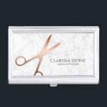 Elegant modern rose gold scissors hairstylist business card holder<br><div class="desc">Modern and elegant design for hairstylists with faux rose gold scissors,  white marble and elegant calligraphy font.</div>