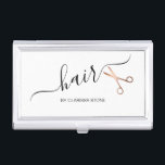 Elegant modern rose gold scissors hairstylist business card holder<br><div class="desc">Modern and elegant design for hairstylists with faux rose gold scissors and elegant calligraphy font.</div>