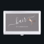 Elegant modern rose gold scissors hairstylist business card holder<br><div class="desc">Modern and elegant design for hairstylists with faux rose gold scissors and elegant calligraphy font.</div>