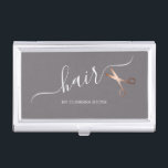 Elegant modern rose gold scissors hairstylist business card holder<br><div class="desc">Modern and elegant design for hairstylists with faux rose gold scissors and elegant calligraphy font.</div>