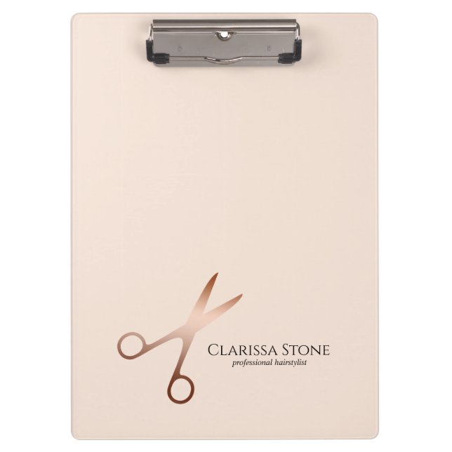 Elegant modern rose gold scissors hairstylist clipboard (Front)
