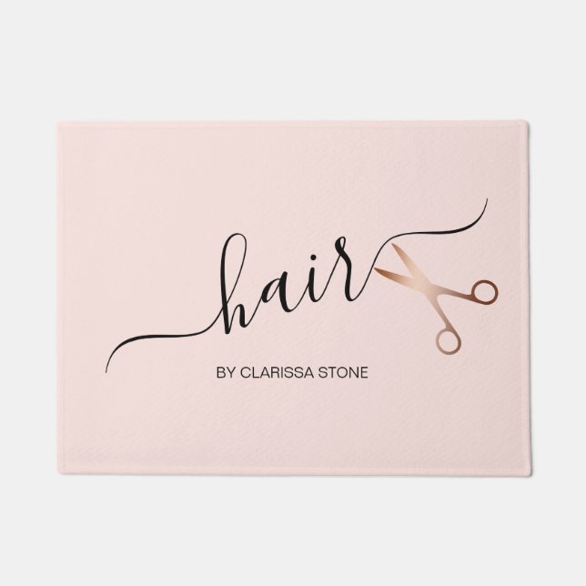 Elegant modern rose gold scissors hairstylist doormat (Front)
