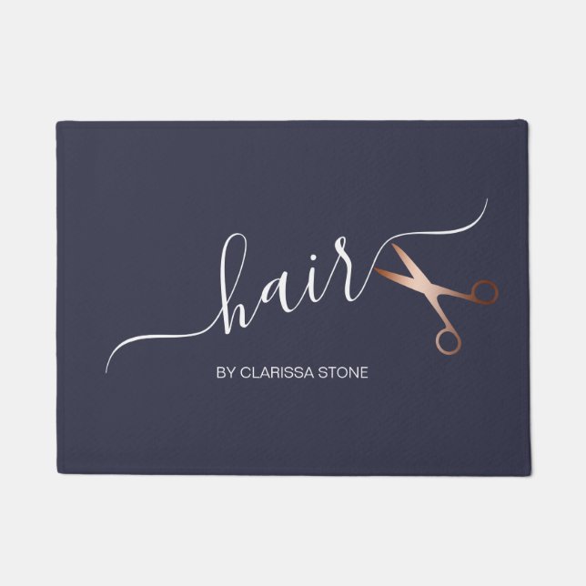 Elegant modern rose gold scissors hairstylist doormat (Front)
