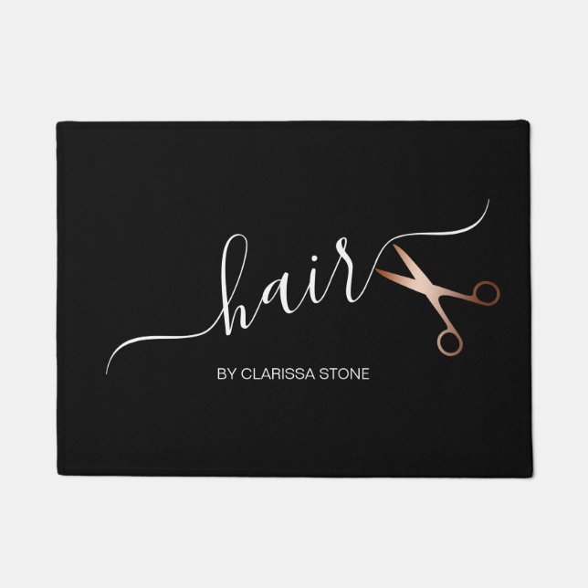 Elegant modern rose gold scissors hairstylist doormat (Front)