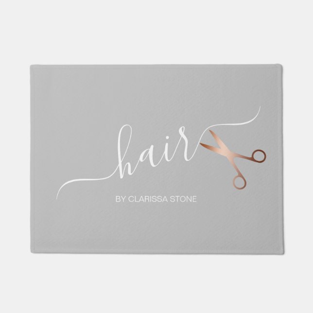 Elegant modern rose gold scissors hairstylist doormat (Front)