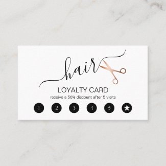 Loyalty programs for spas- Check our this Elegant modern rose gold scissors hairstylist loyalty card.