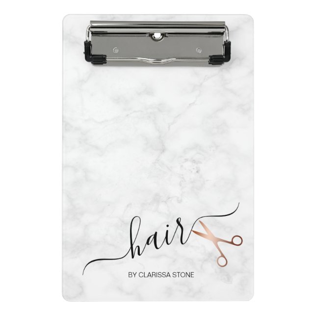 Elegant modern rose gold scissors hairstylist mini clipboard (Front)